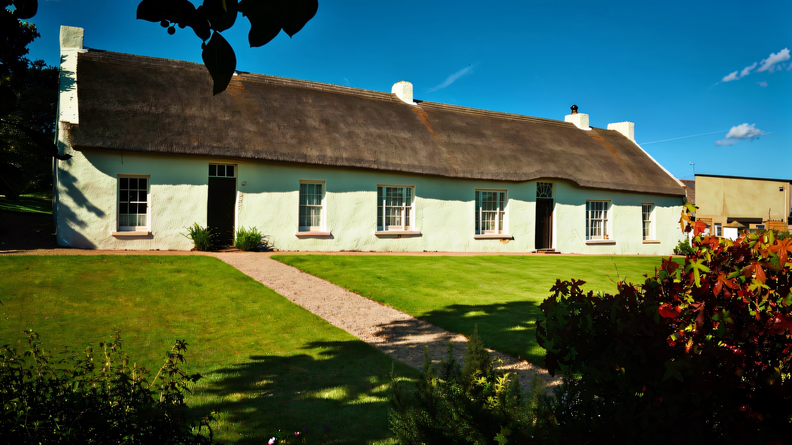 The long low whitewashed thatched cottage of Hezlett House, a gravel path leading up across a green lawn under a blue sky