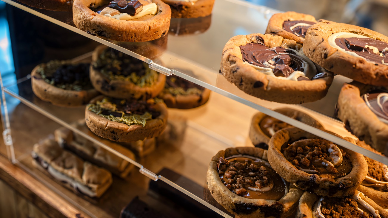 Traybakes on the counter at the coffee hatch