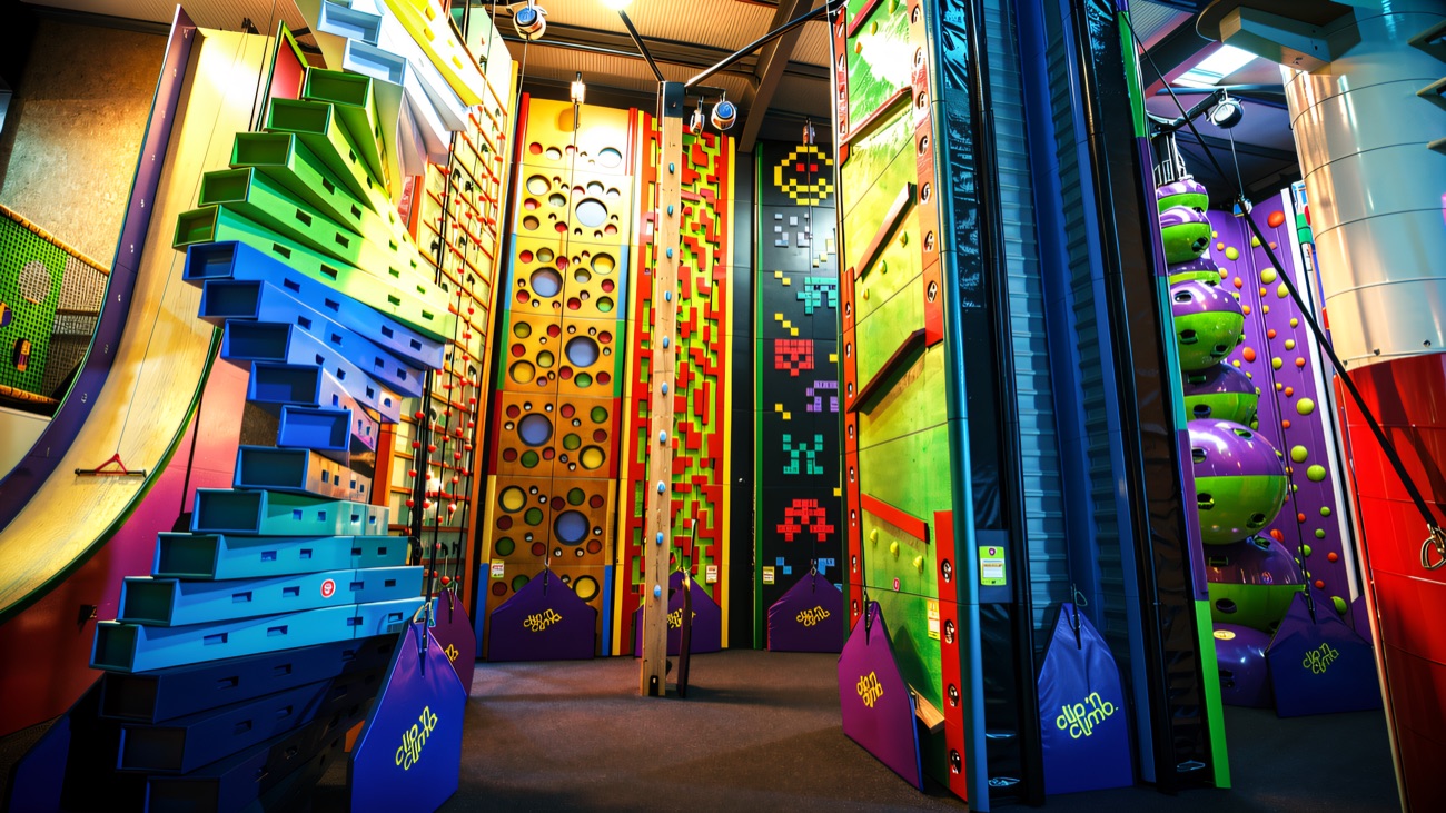 The Clip 'n Climb arena, with brightly coloured climbing challenges and auto-belays running the full height of the walls