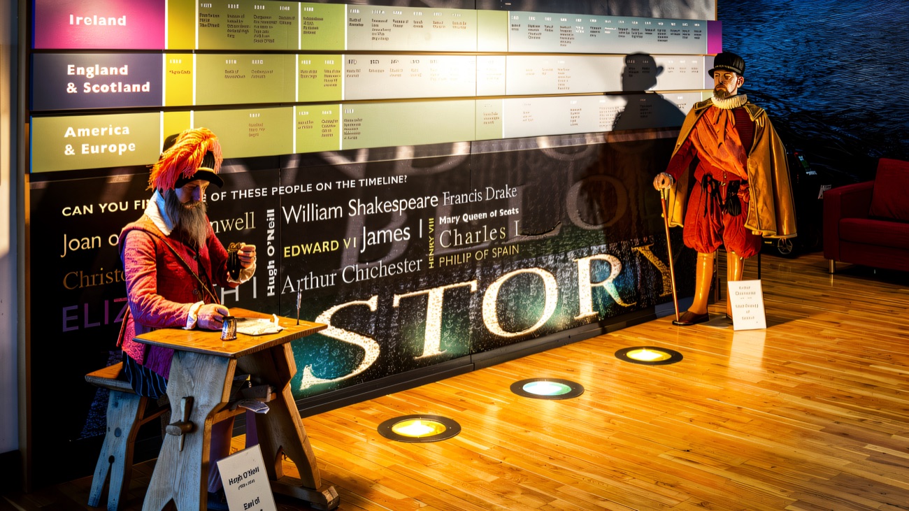 Inside the Ranfurly House exhibition, a history timeline and costumed figures telling the story of Hugh O'Neill's world.
