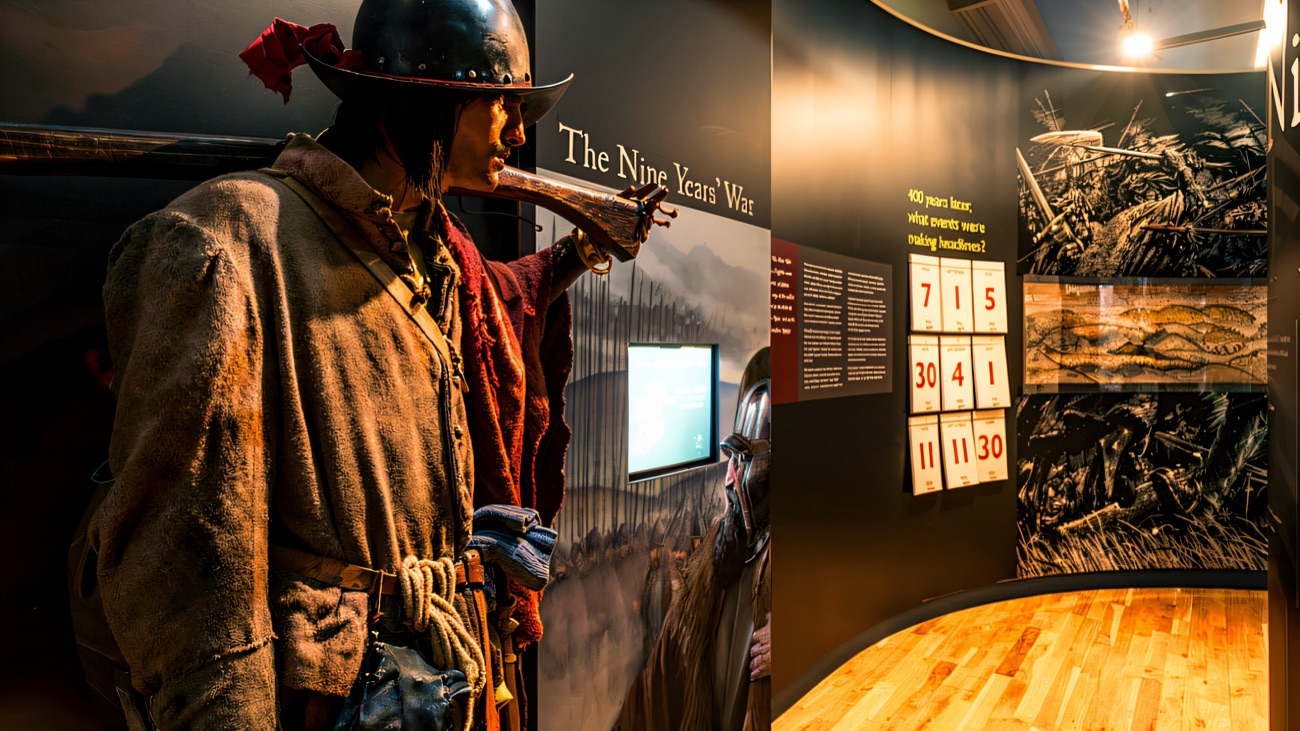 A gallery devoted to the Nine Years' War, with a life-size soldier of the period.