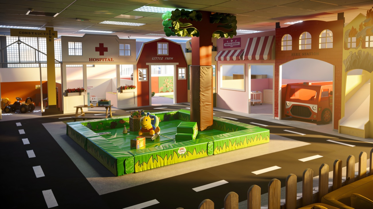 The little town square with a hospital, farm barn, bakery and fire station around a soft green play mat