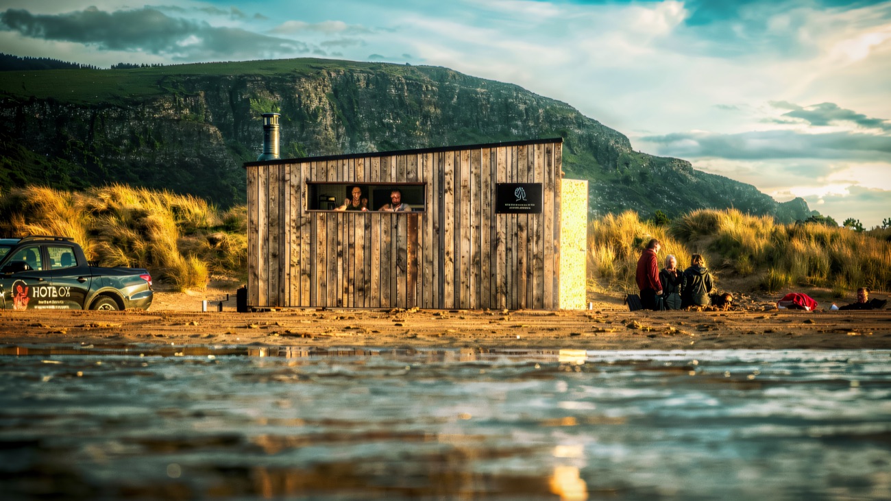 The sauna cabin on Benone Strand below Binevenagh