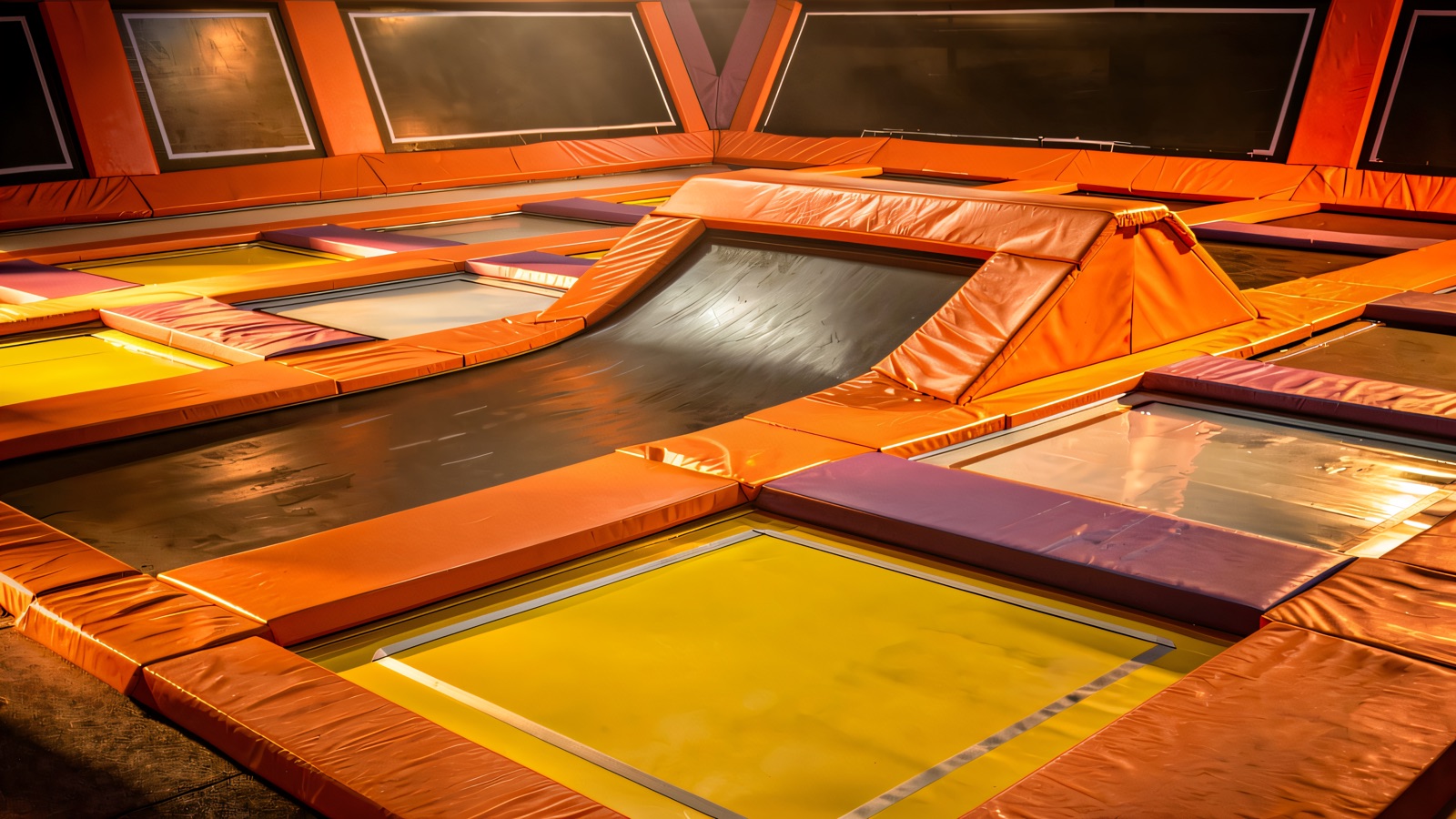 The main trampoline arena at Infinity Adventure Park, a grid of orange, purple and yellow trampolines with angled ramps