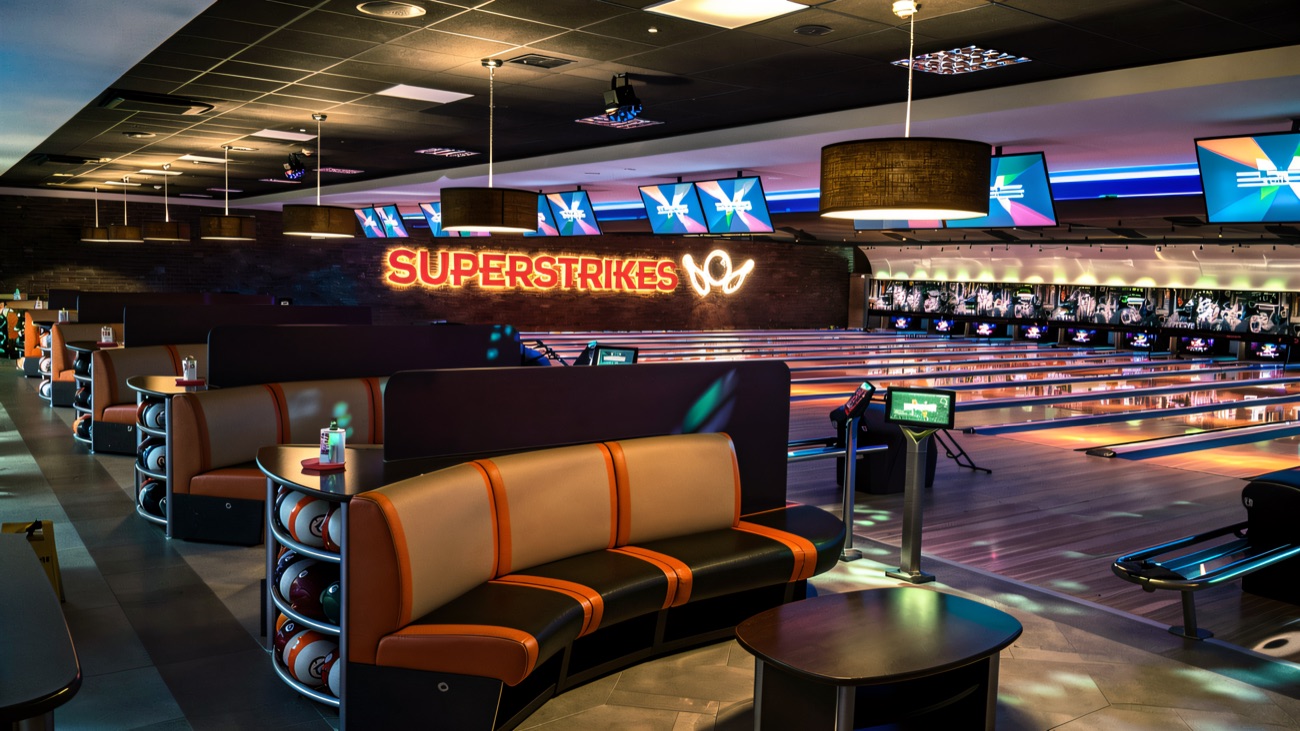 The Super Strikes neon sign above the bowling lanes and booth seating