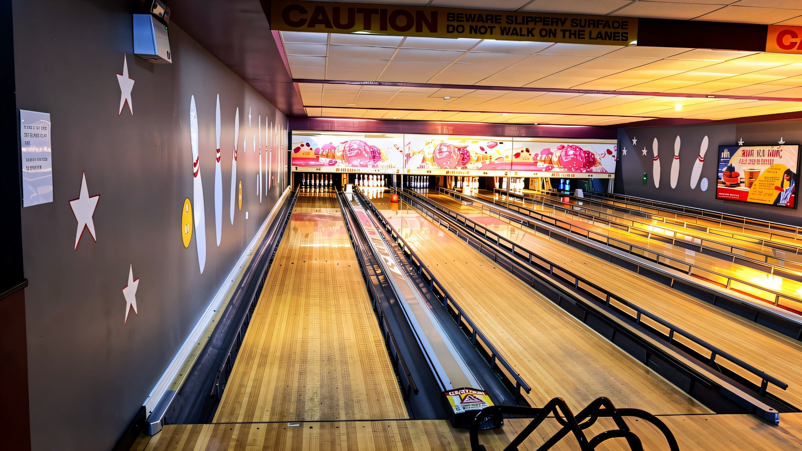 The six-lane Yankee Alley ten-pin bowling area at Johnny Rocko's, with polished lanes and a maroon wall decorated with white bowling pins and stars