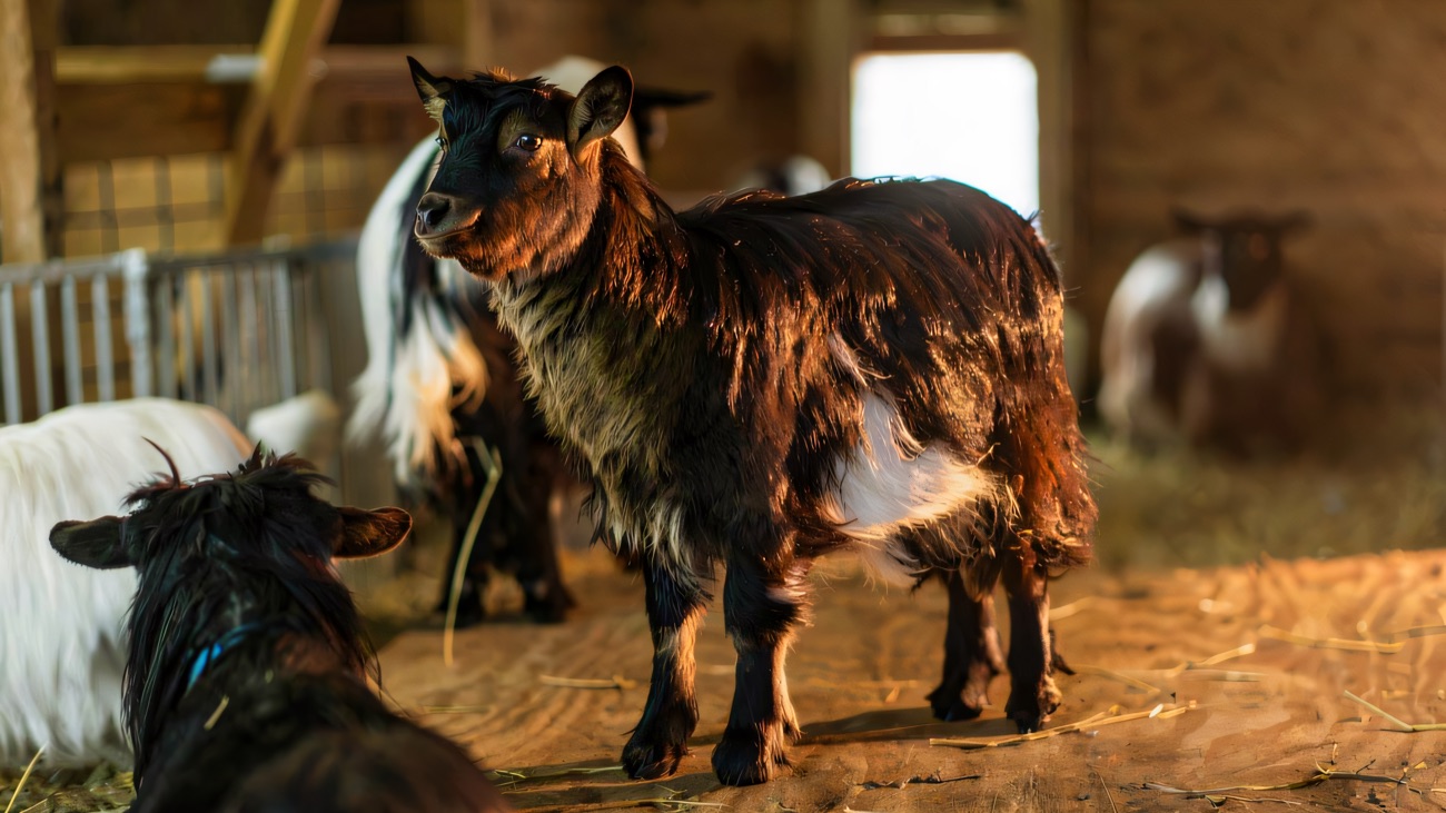 Two shaggy pygmy goats standing together on straw in the farm barn