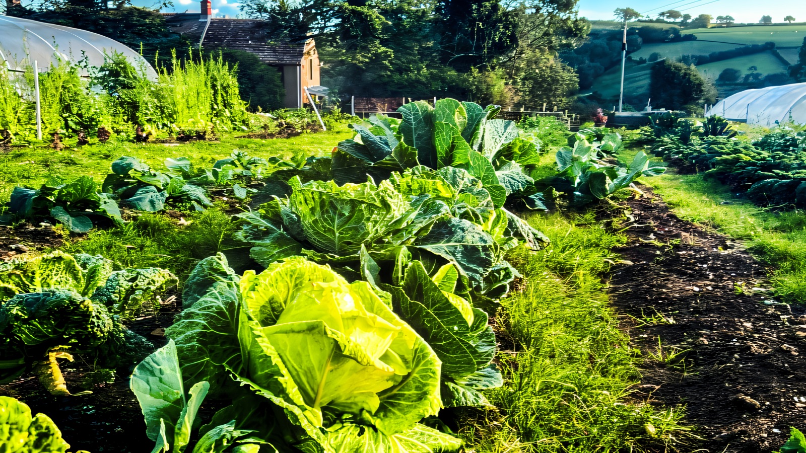 Rows of leafy cabbages and vegetable beds with polytunnels and rolling green hills at Jubilee Farm under a bright blue sky
