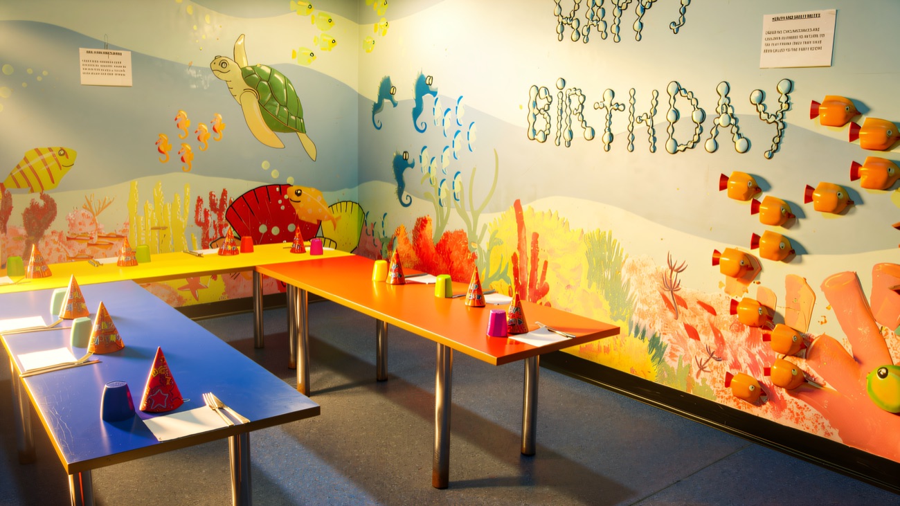 The party room laid out with bright tables, party hats and cups against an underwater wall mural