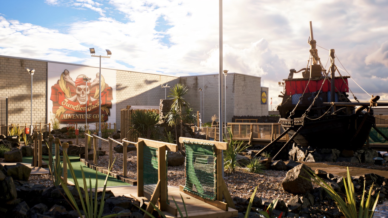 The pirate ship and skull mural at Junction Jack's Adventure Golf, The Junction, Antrim