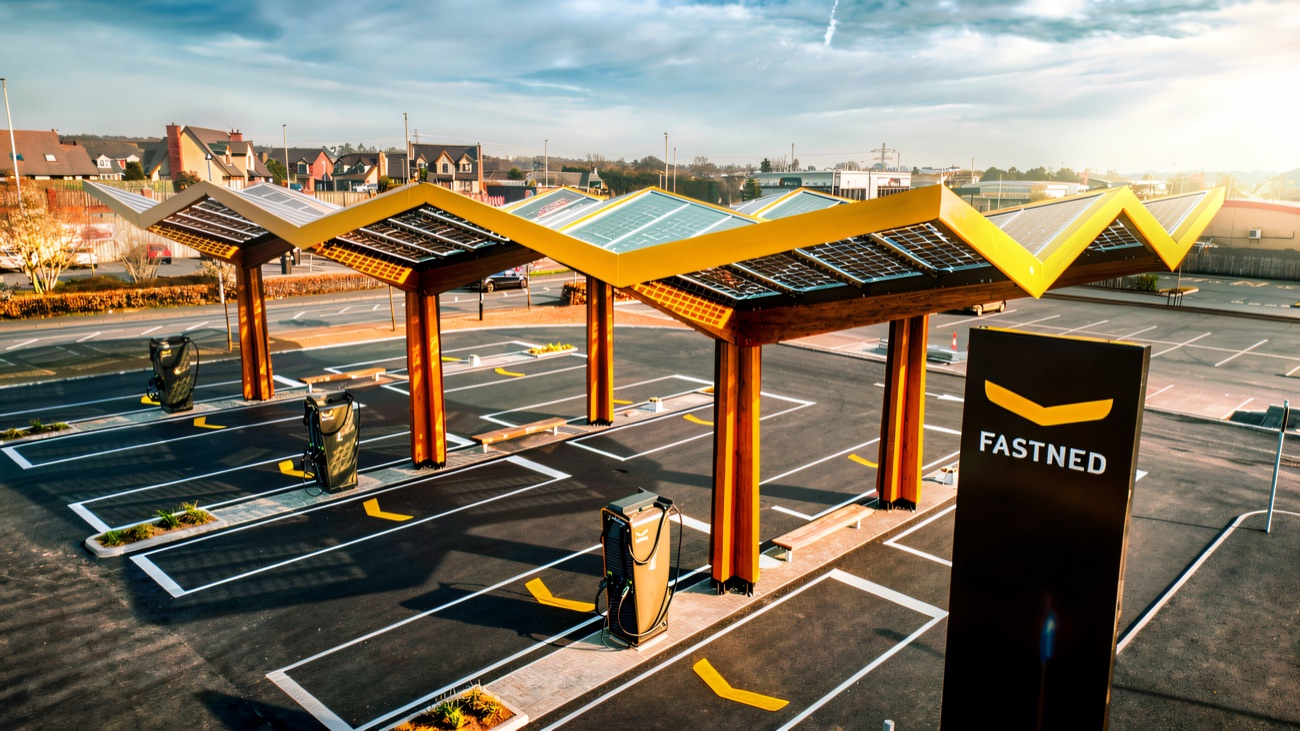 The Fastned rapid EV charging canopy in the car park at The Junction, Antrim