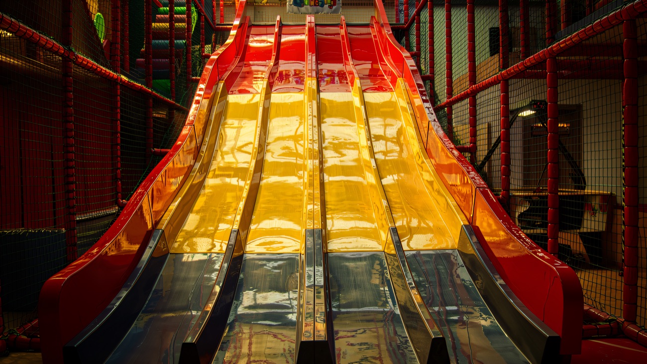 Wide red wave slide running down from the upper play frame