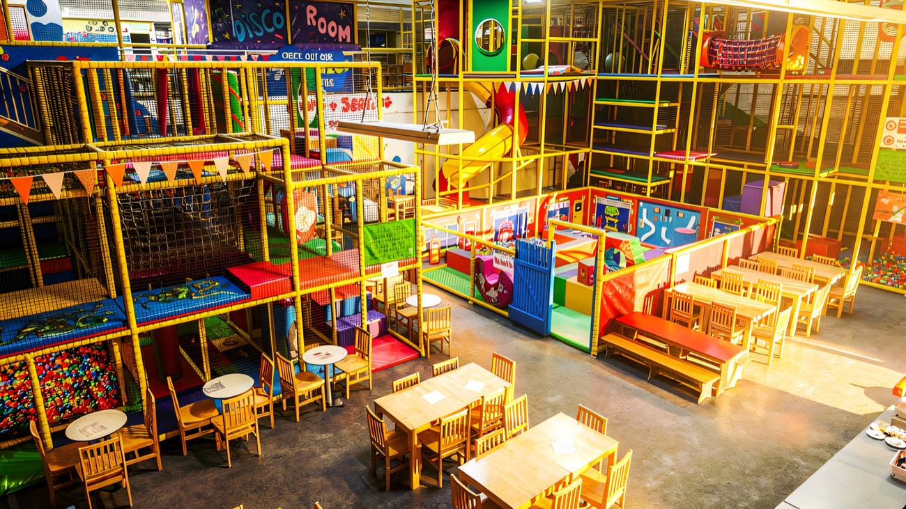 Overview of the main play frame with café tables in the foreground