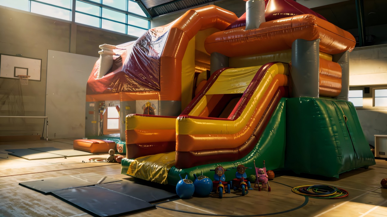 A big inflatable castle set up in the sports hall