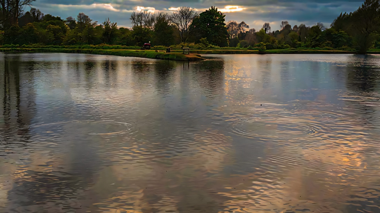 The open water of the lake with wooded banks all around