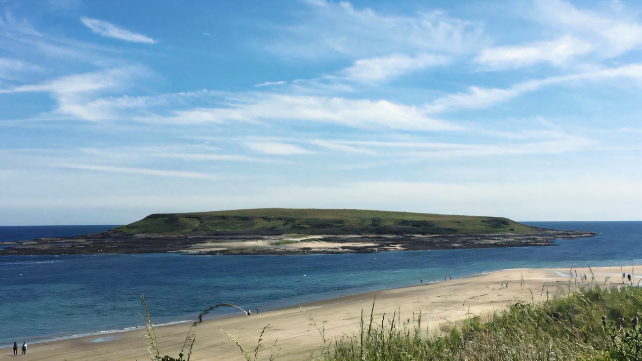 The green offshore island beyond the beach under a wide summer sky