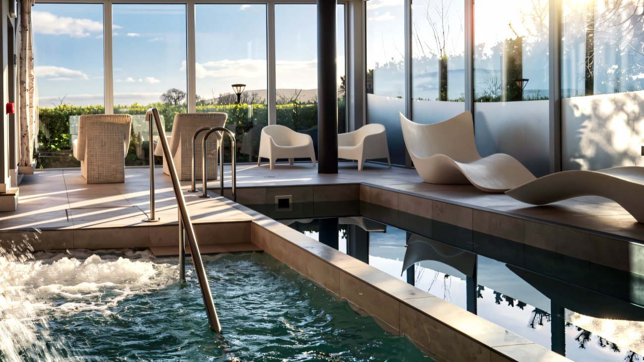 The vitality pool with its water jets and loungers, tall windows opening onto the green countryside.