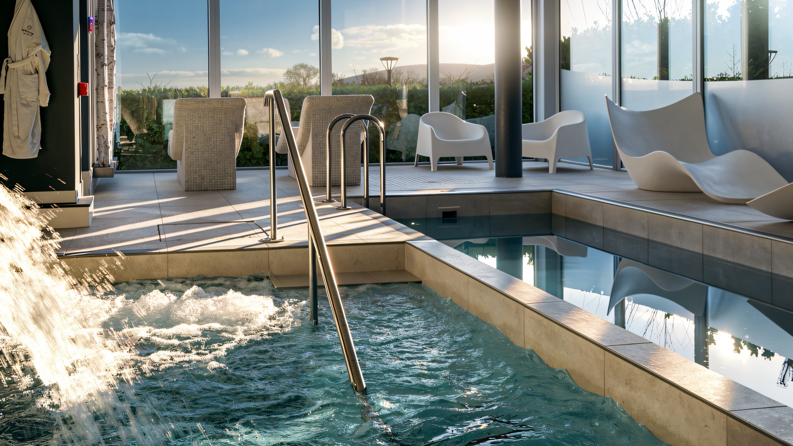 The mountain-view hydro pool at Killeavy Castle spa, water bubbling under floor-to-ceiling glass onto the walled garden.