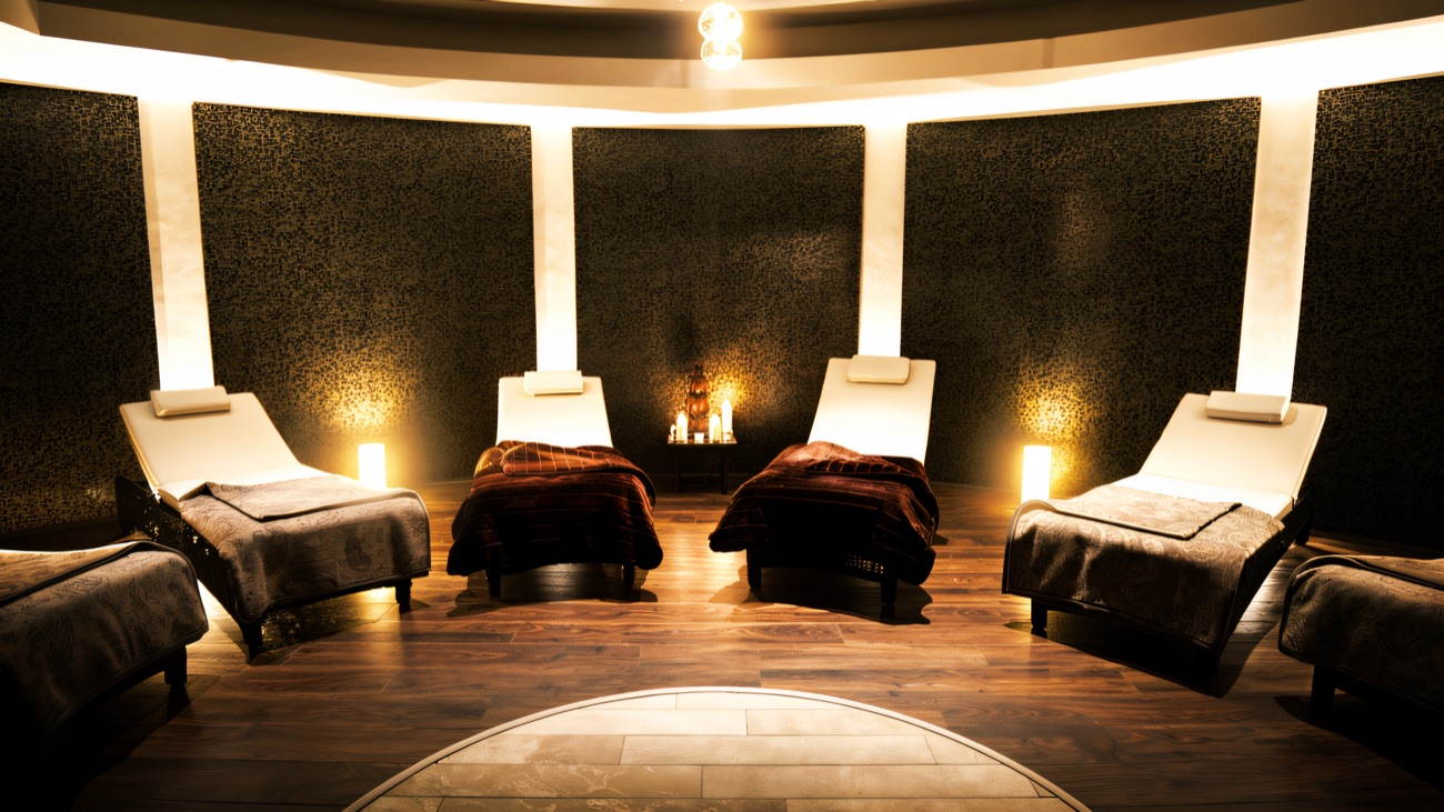 The circular relaxation lounge, with heated loungers and soft lighting.