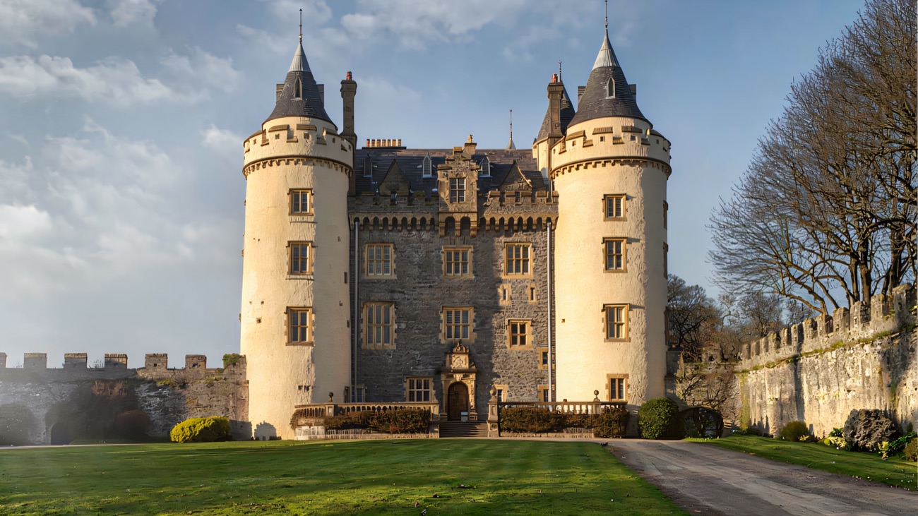 The front of Killyleagh Castle from the lawn, two round white towers with grey conical roofs flanking the house