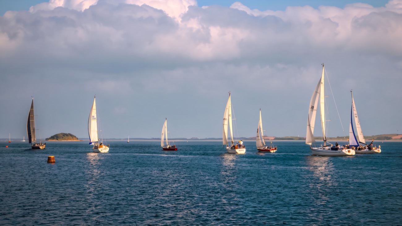 White sails strung out across the lough on a bright race day