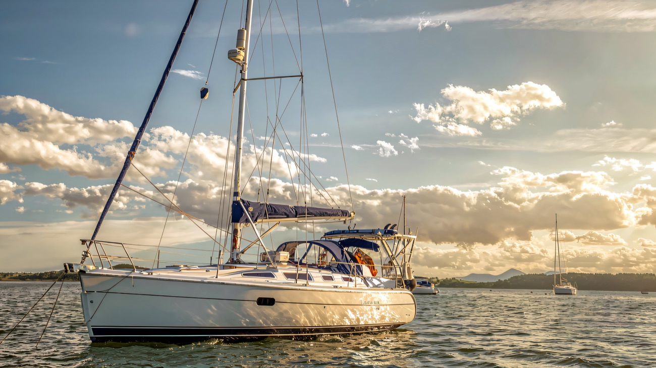 A yacht riding at anchor on glassy summer water