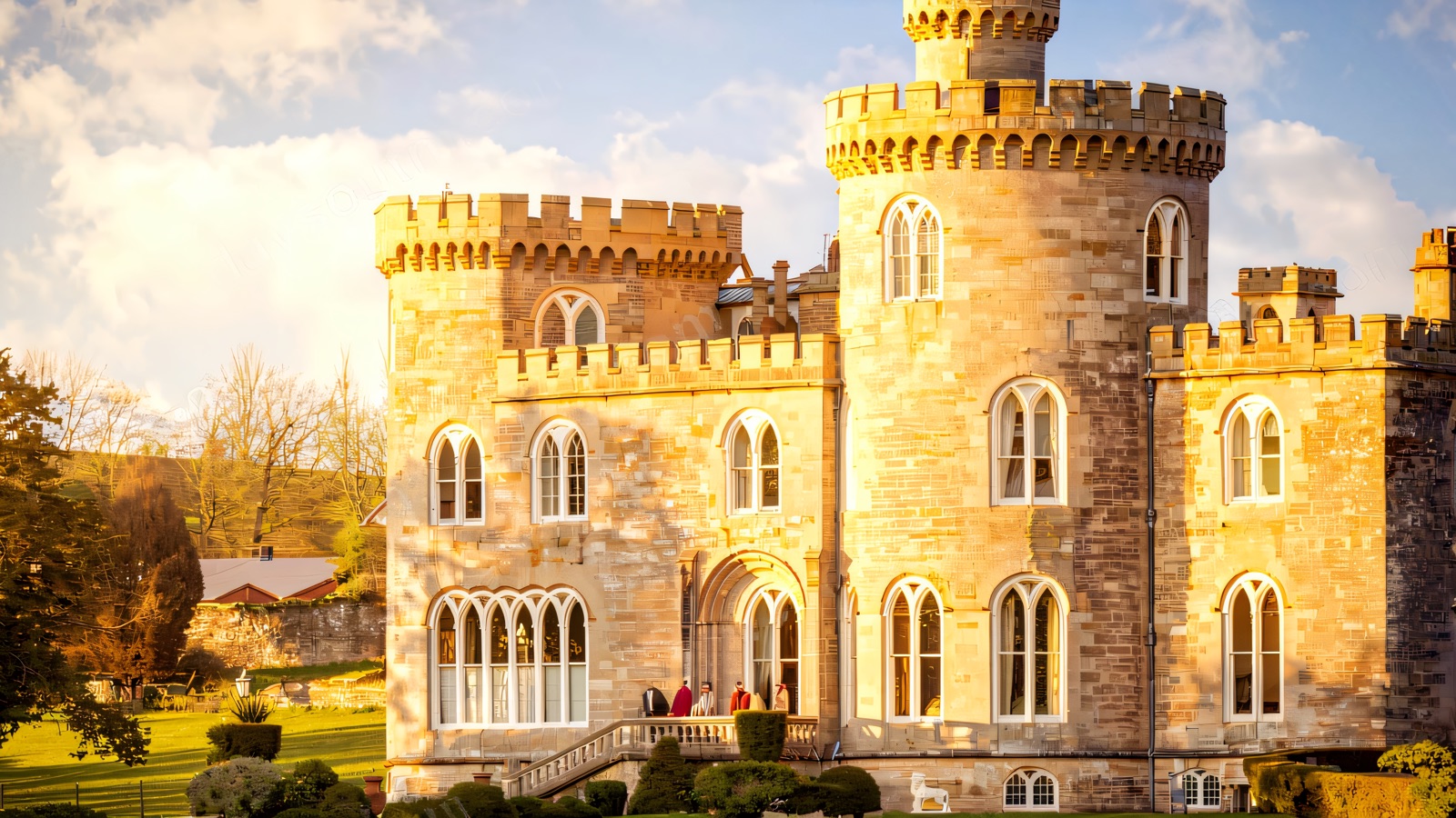 Killymoon Castle, a turreted grey-stone Gothic castle with pointed windows above green parkland near Cookstown