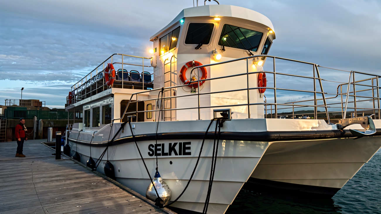 Kintra's catamaran Selkie tied up at the pier under a soft golden-hour sky
