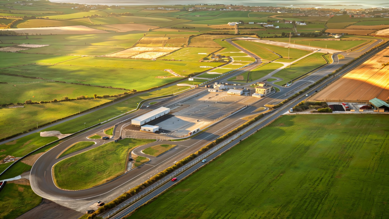 Aerial view of Kirkistown Racing Circuit with the sea beyond