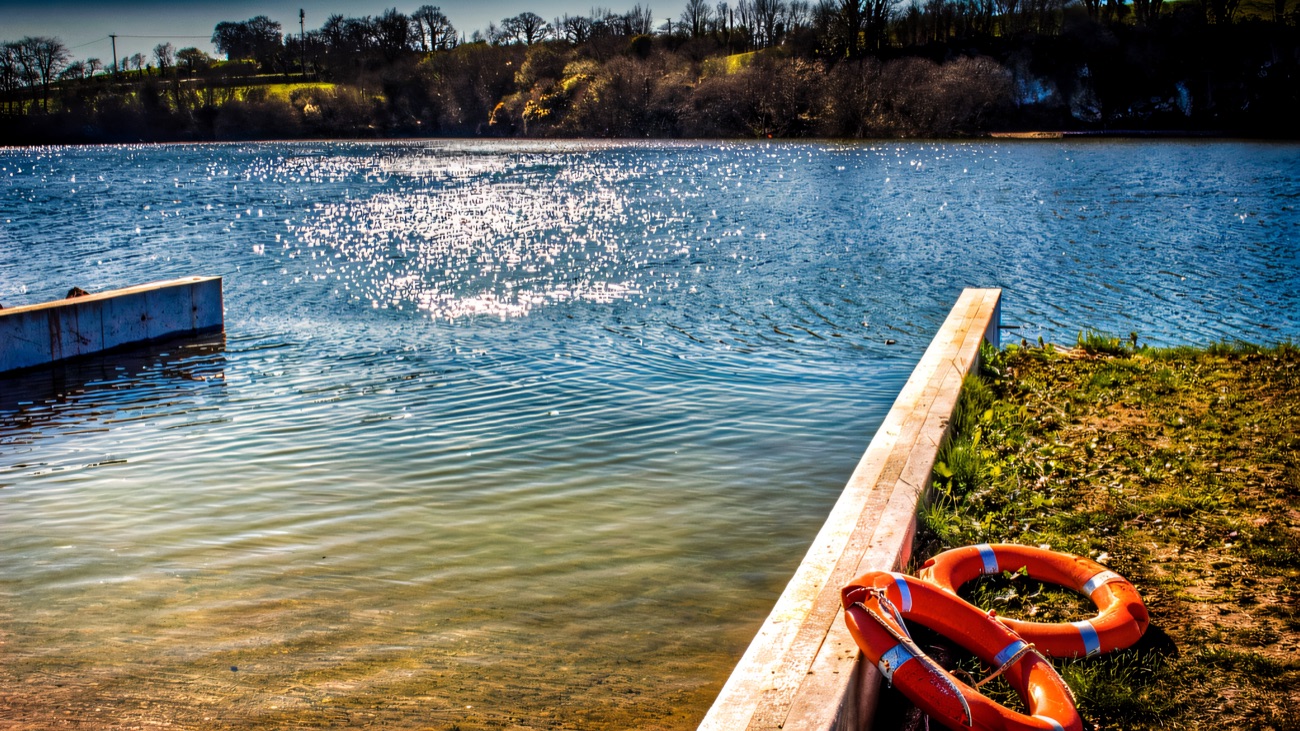 The vast inflatable aqua park floating on the reservoir