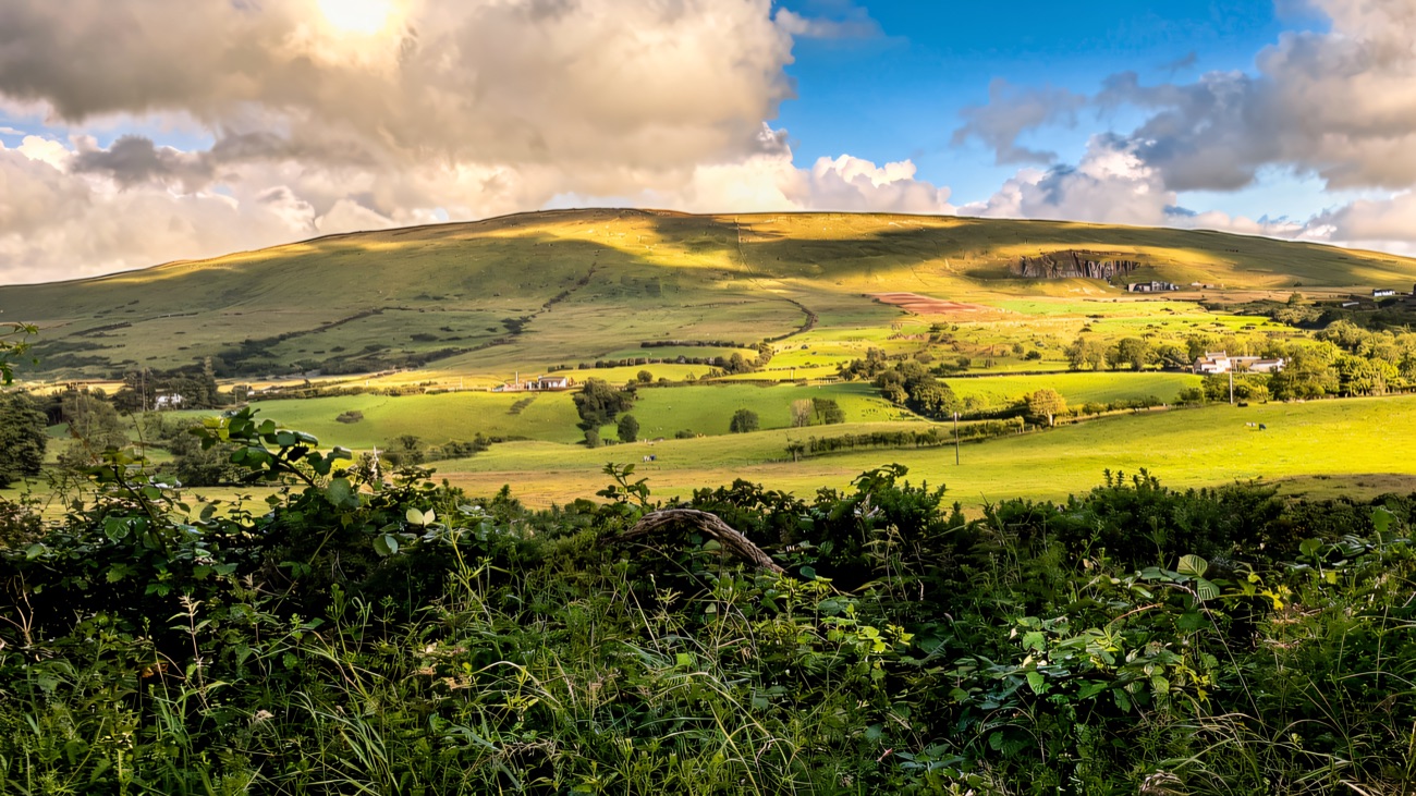The green dome of Knocklayd rising above the fields near Ballycastle
