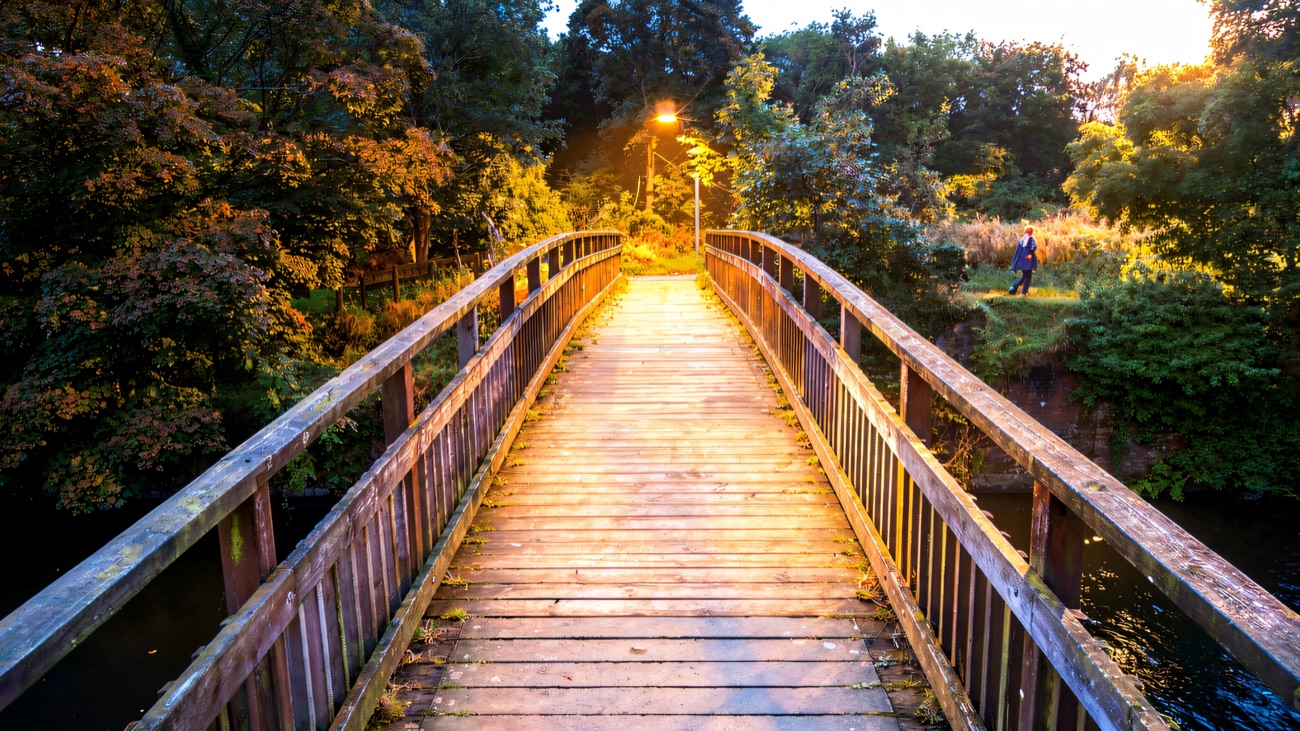 A timber footbridge carries the path over the canal into the trees