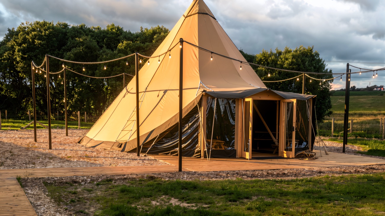 The big canvas tipi on its decking, strung with festoon lights
