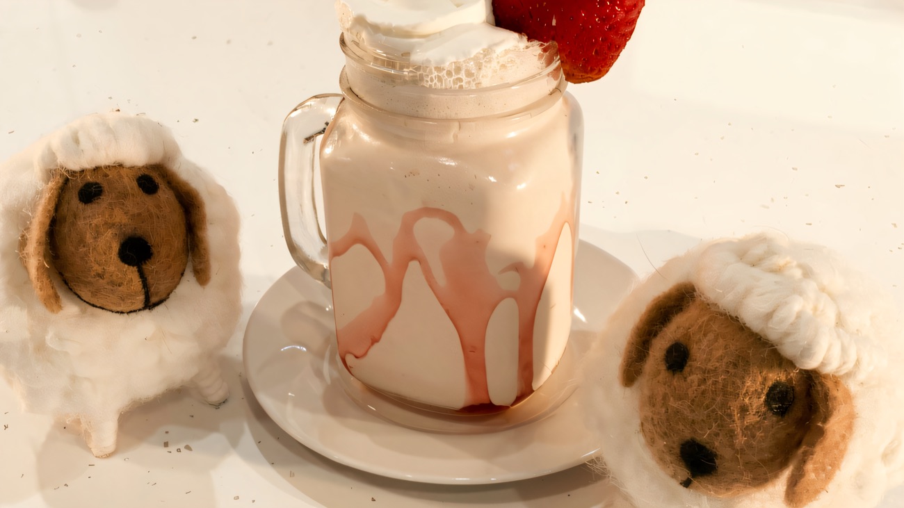 A strawberry milkshake in a jar, flanked by two little felted sheep