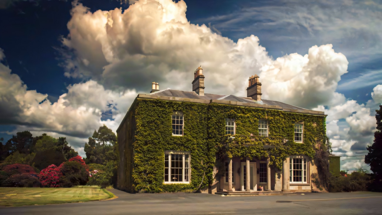 The ivy-clad Georgian house at Larchfield under a big County Down sky