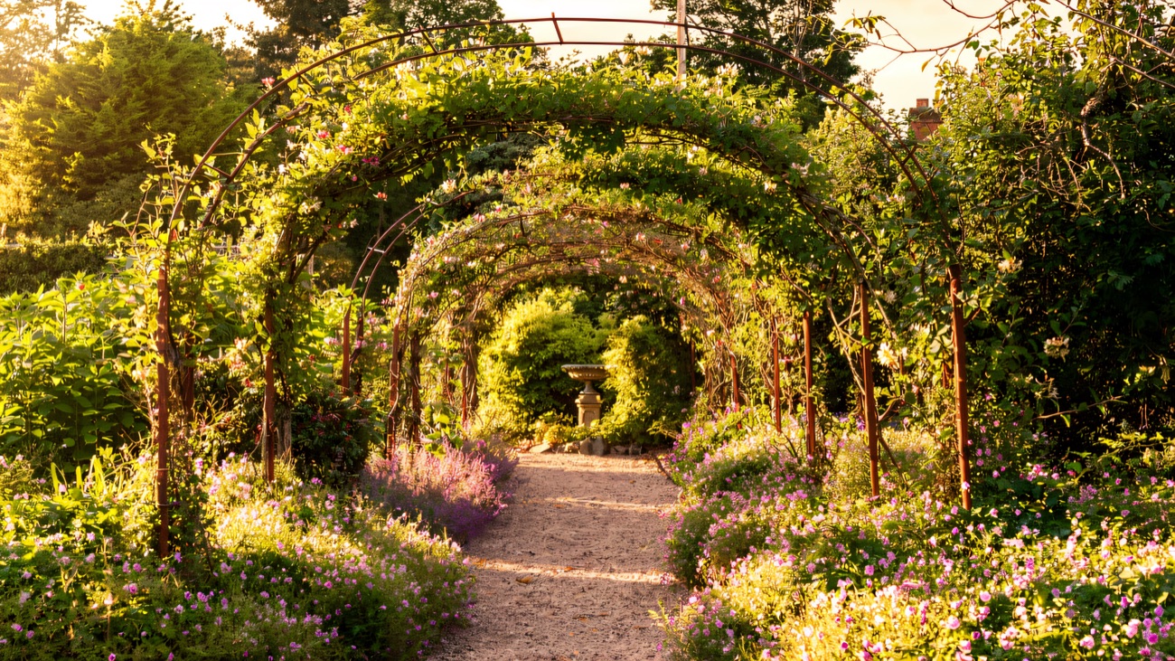 An arched, flower-lined path through the walled garden, leading to a sundial