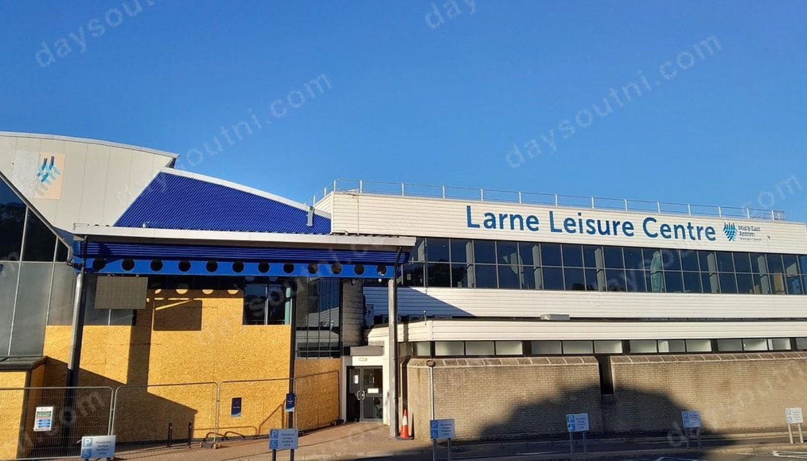Larne Leisure Centre on Tower Road, home to the council-run indoor play, with its blue-and-white frontage