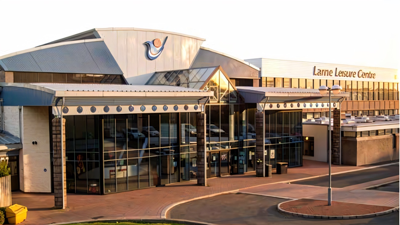 The blue-and-white front entrance of Larne Leisure Centre
