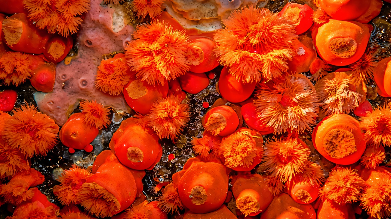 A dense carpet of bright orange jewel anemones covering a rock face.