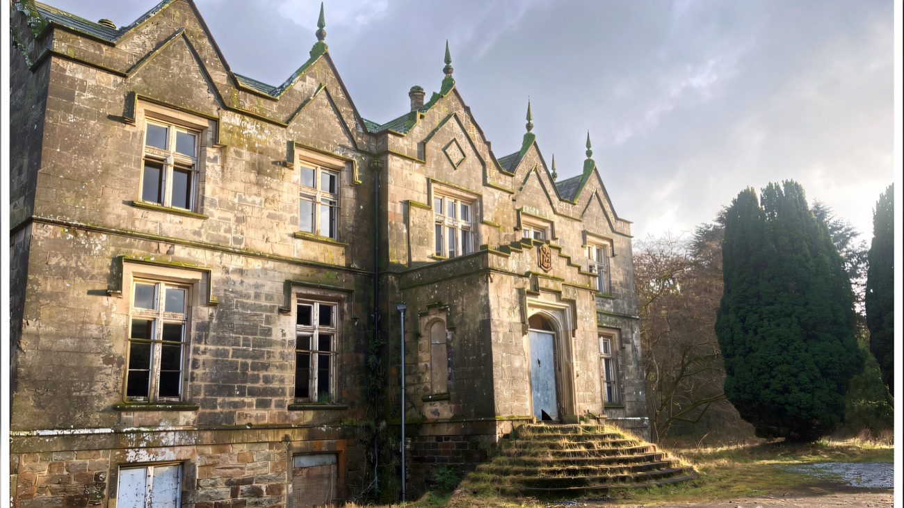The gabled Tudor-Gothic elevation of Learmount Castle with pointed finials and mossy stone steps