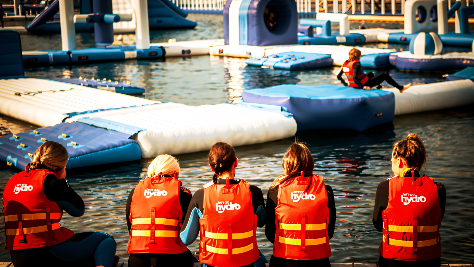 A group in red Let's Go Hydro buoyancy aids sitting on the pontoon looking out over the blue inflatable aqua park on the lake