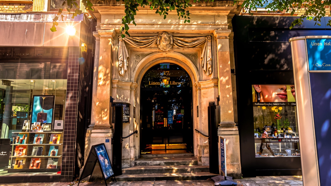 The grand arched entrance to the Linen Hall Library in Belfast city centre