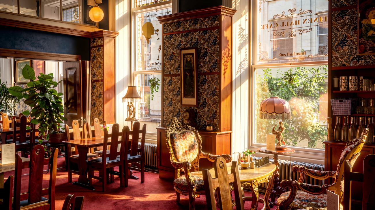 The ornate Linen Hall cafe with its stained glass and antique furniture