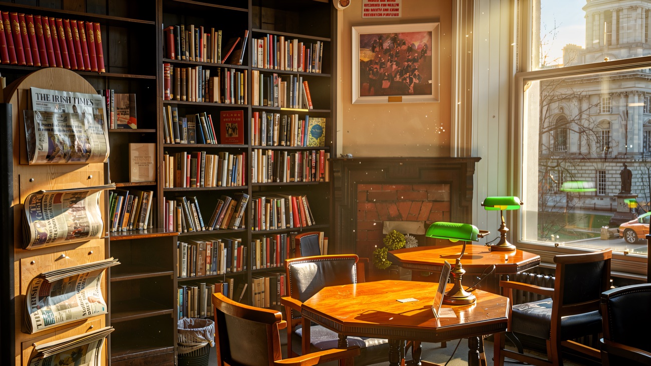 A cosy reading nook and book stacks with City Hall framed in the window