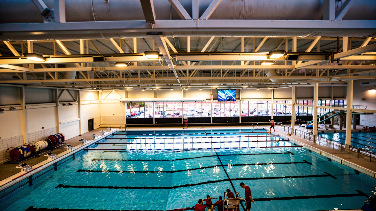 A wide view across the quiet pool hall