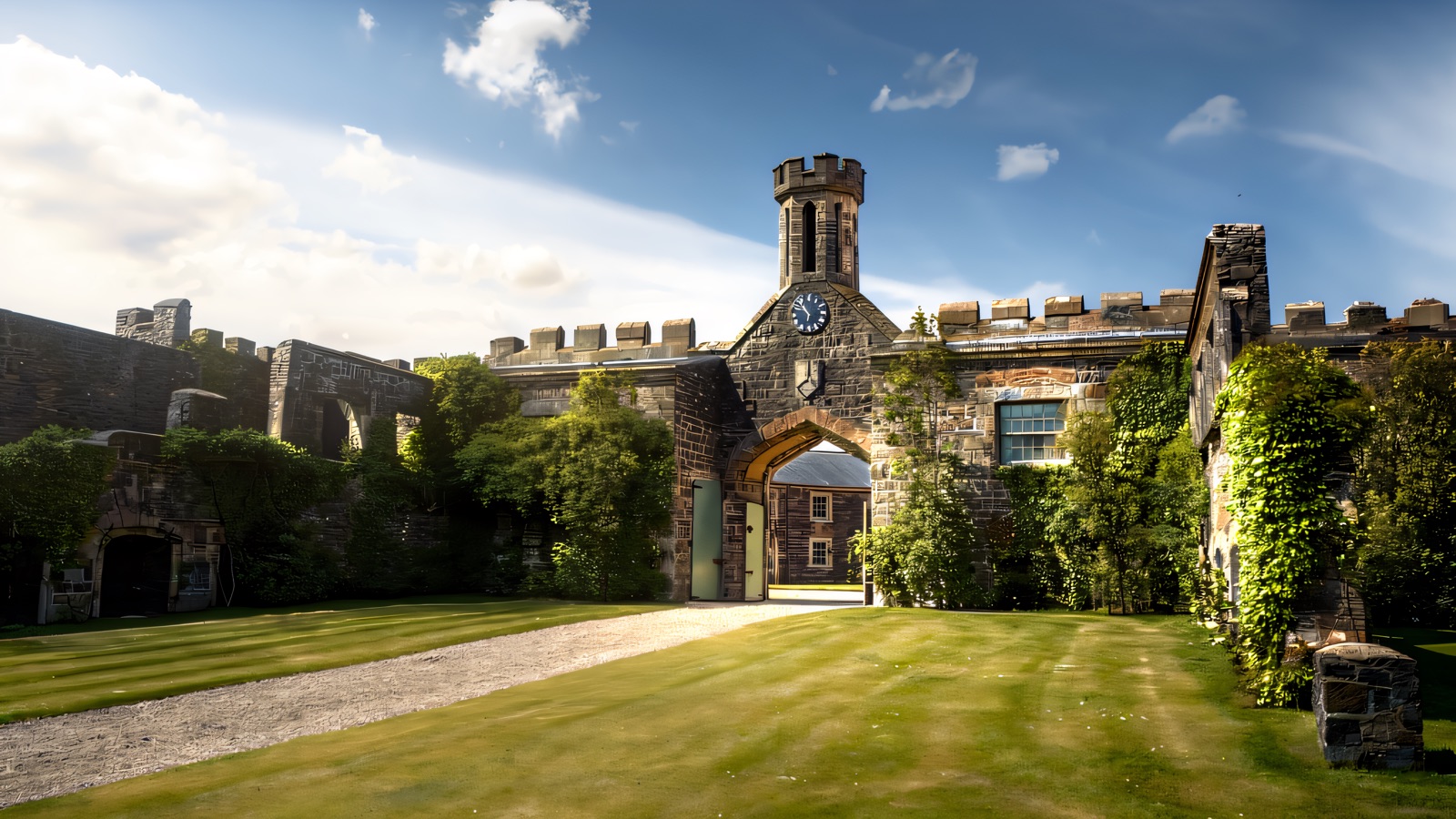 Lissanoure Castle's battlemented courtyard and clock tower above a broad green lawn