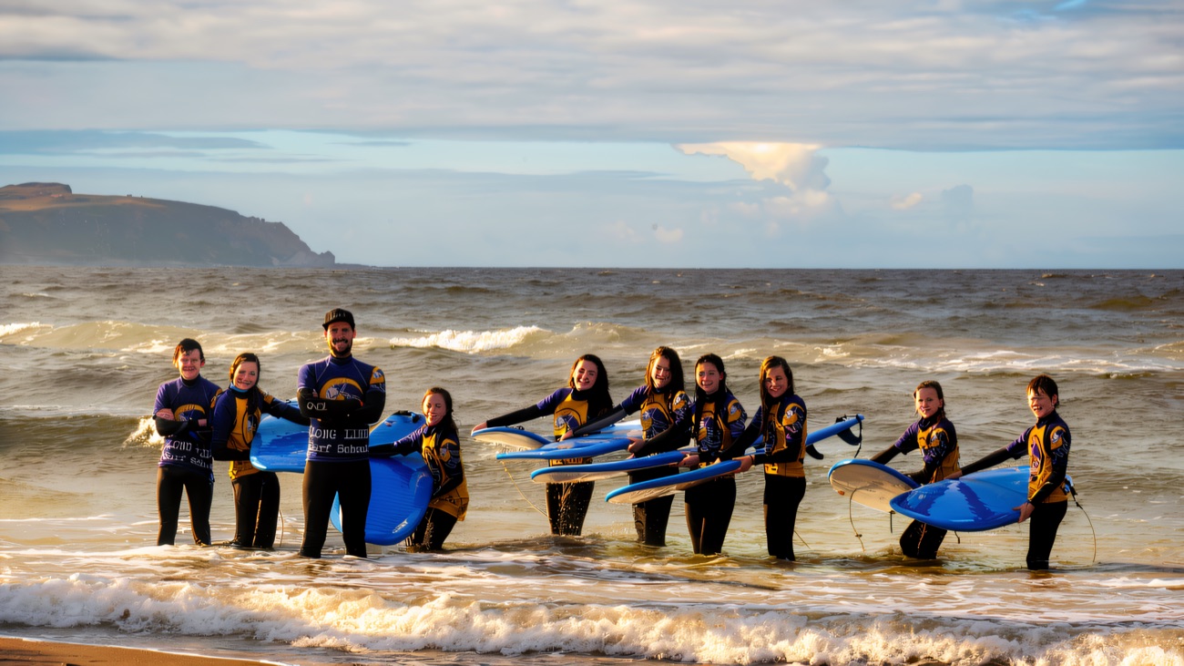 The Long Line crew laughing in the whitewater, boards at the ready