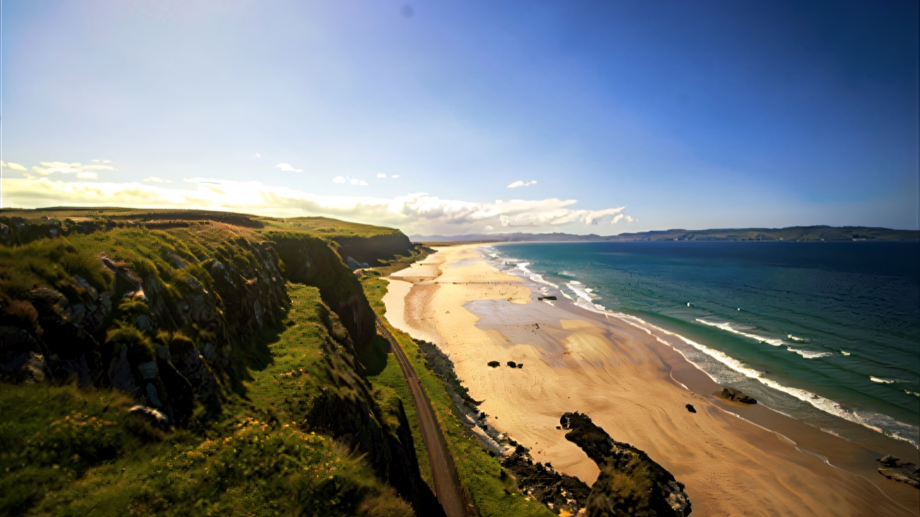 The endless sweep of Downhill strand seen from the cliffs above