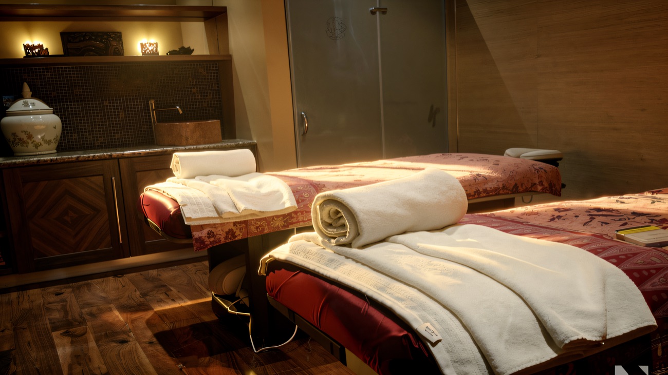 A warm-lit treatment room with two therapy beds and Thai décor.