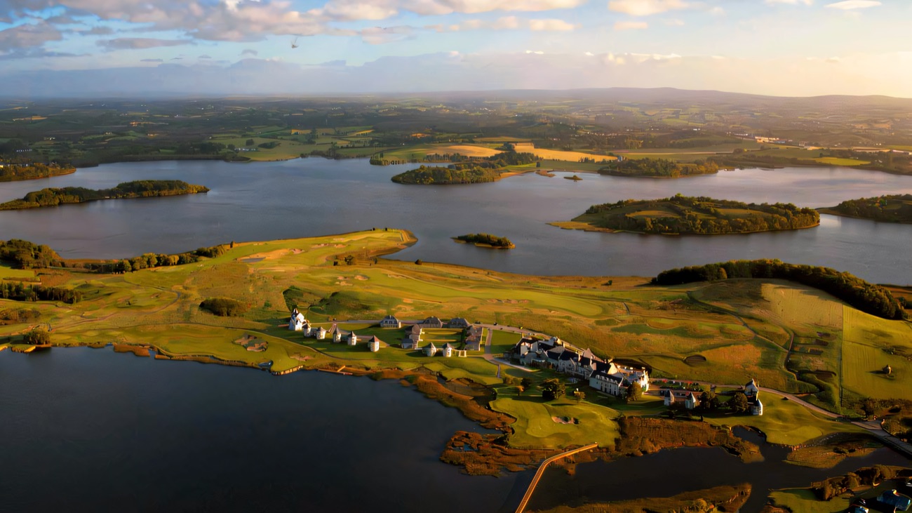 Aerial view of the resort on its peninsula between Lower Lough Erne and Castle Hume Lough